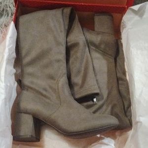 Kelly&Katie knee high suede taupe chunky heel boots.